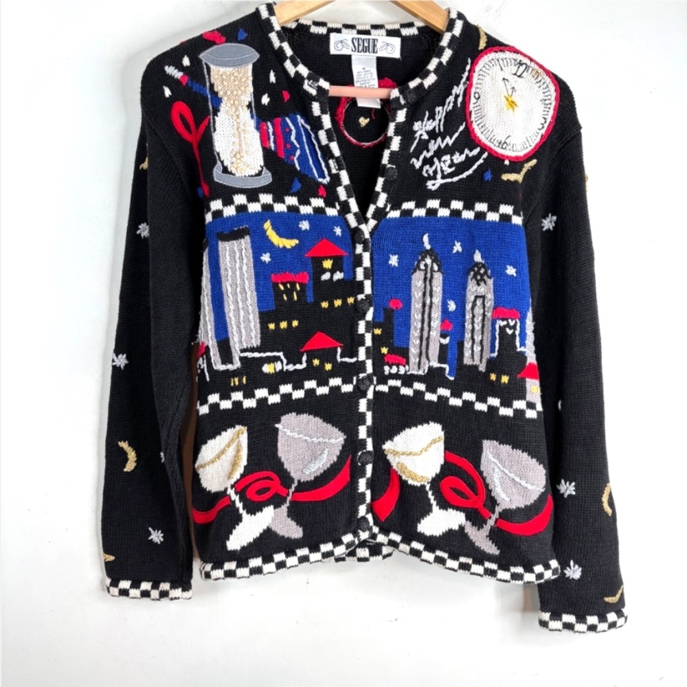 VTG 90s Segue New Years Eve Ugly Sweater M Black Embroidered Champagne Granny